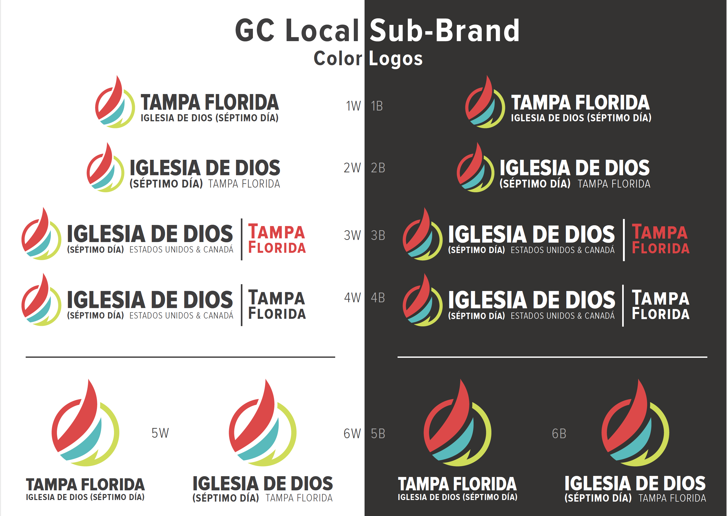 Color logos for Iglesia de Dios (Séptimo Día) in Tampa, Florida, with different style variations.